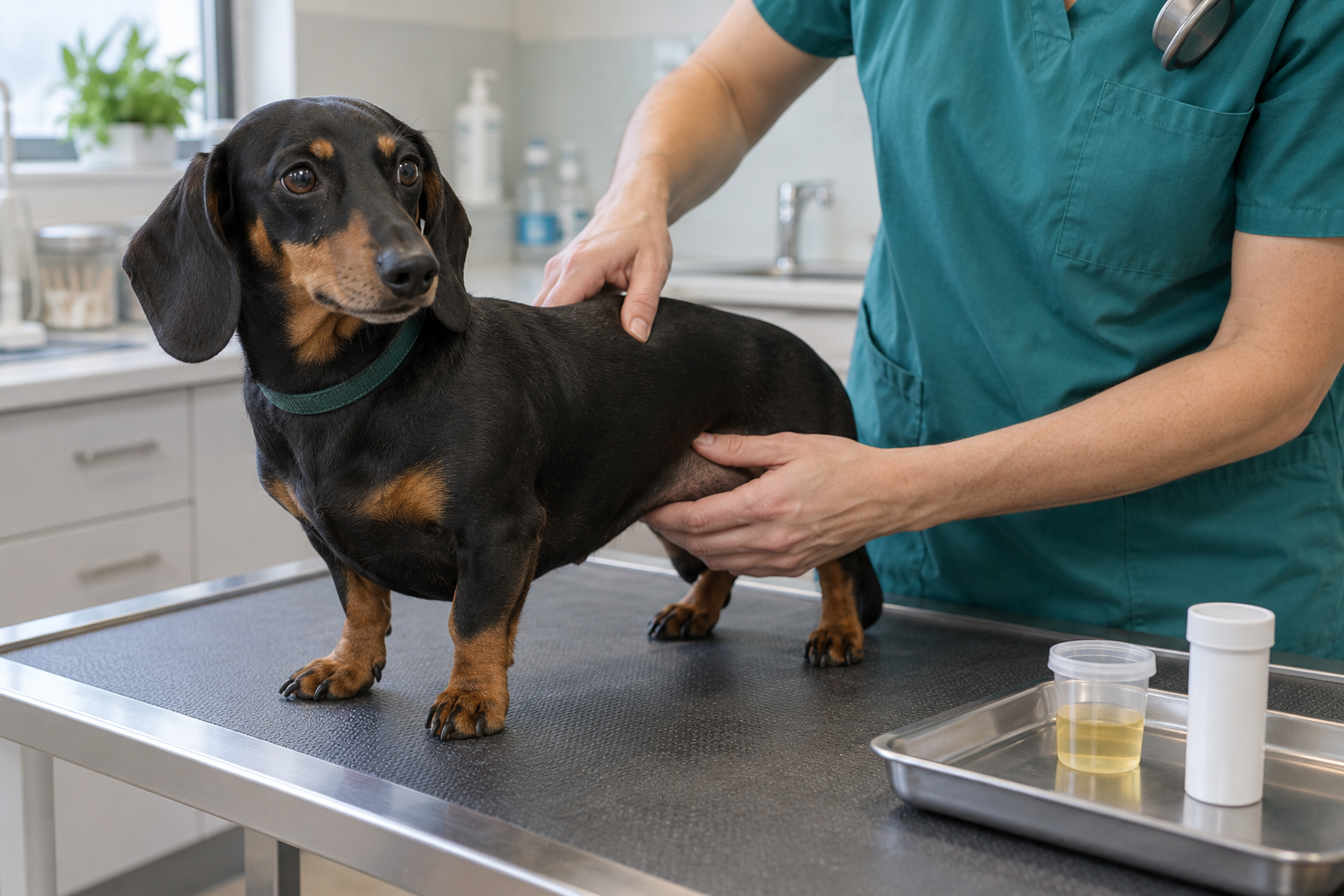 Veterinář vyšetřuje jezevčíka kvůli zvýšenému příjmu vody